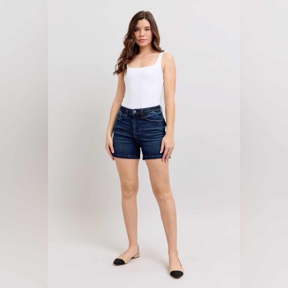 Judy Blue HR Dark Wash Classic Denim Shorts Flap Back Pockets Various Plus NEW